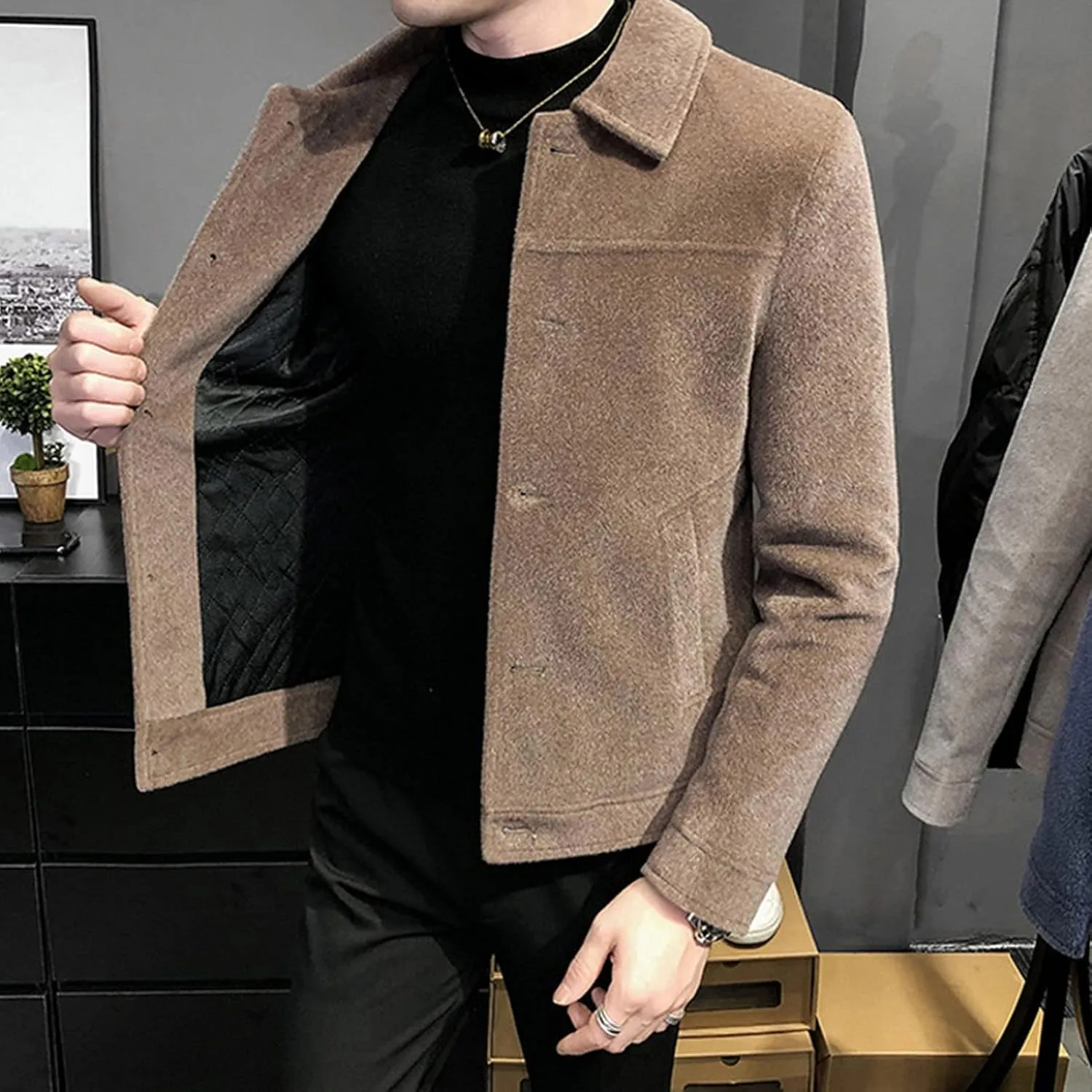 JEShifangjiusu Men'S Classic Notched Collar Casual Double Breasted Wool Blend Pea Coat Business Down Jacket Trench Topcoat