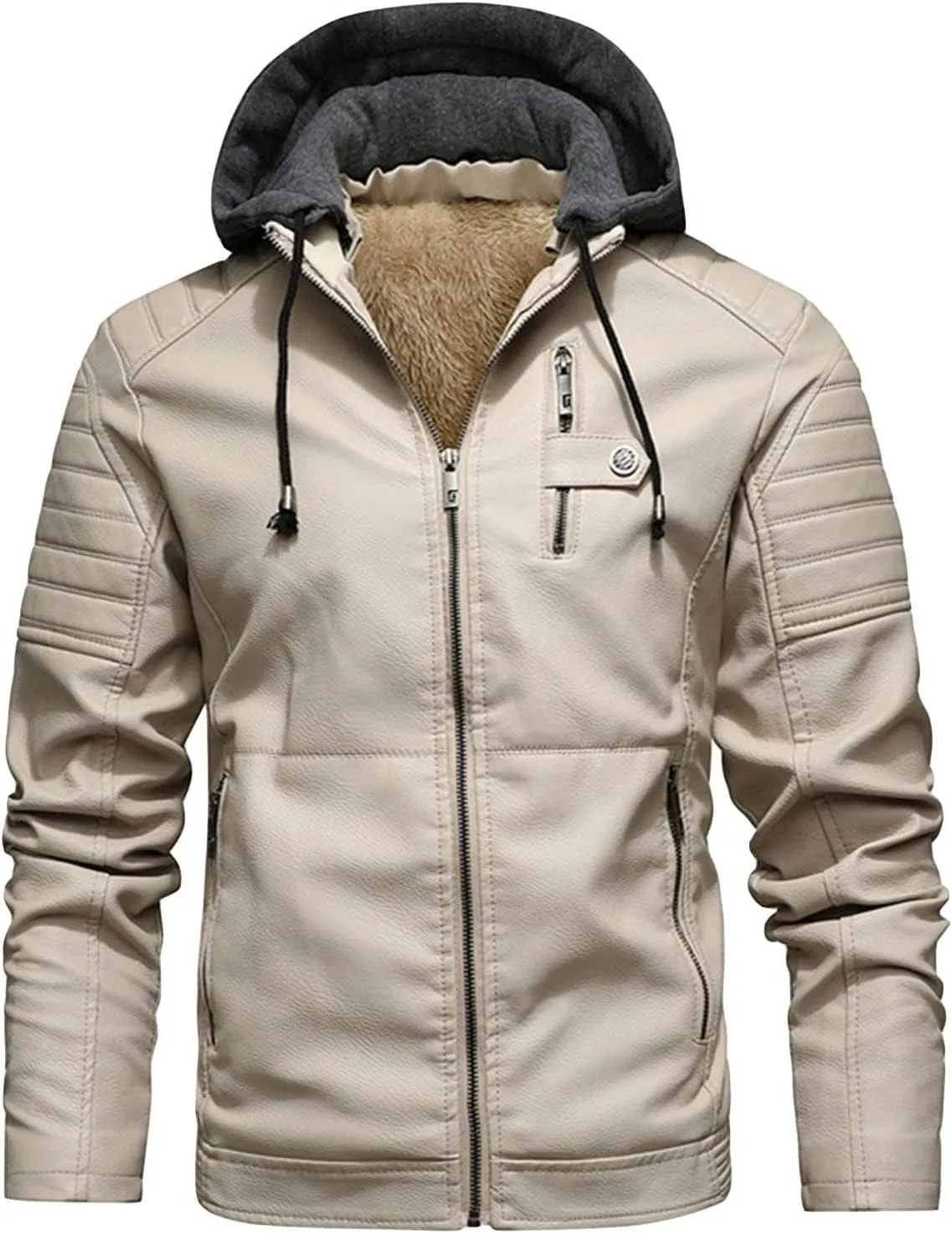 JEShifangjiusu Men'S Sheepskin Shearling Hooded PU Leather Padded Jacket Aviator Coat Winter Motorcycle Biker Bomber Jacket