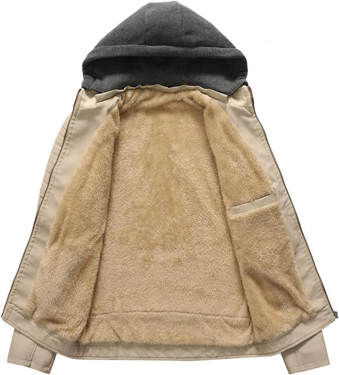 JEShifangjiusu Men'S Sheepskin Shearling Hooded PU Leather Padded Jacket Aviator Coat Winter Motorcycle Biker Bomber Jacket