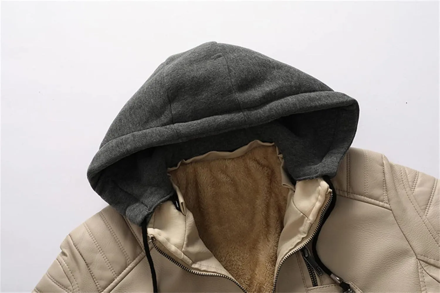 JEShifangjiusu Men'S Sheepskin Shearling Hooded PU Leather Padded Jacket Aviator Coat Winter Motorcycle Biker Bomber Jacket