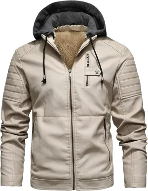 JEShifangjiusu Men'S Sheepskin Shearling Hooded PU Leather Padded Jacket Aviator Coat Winter Motorcycle Biker Bomber Jacket