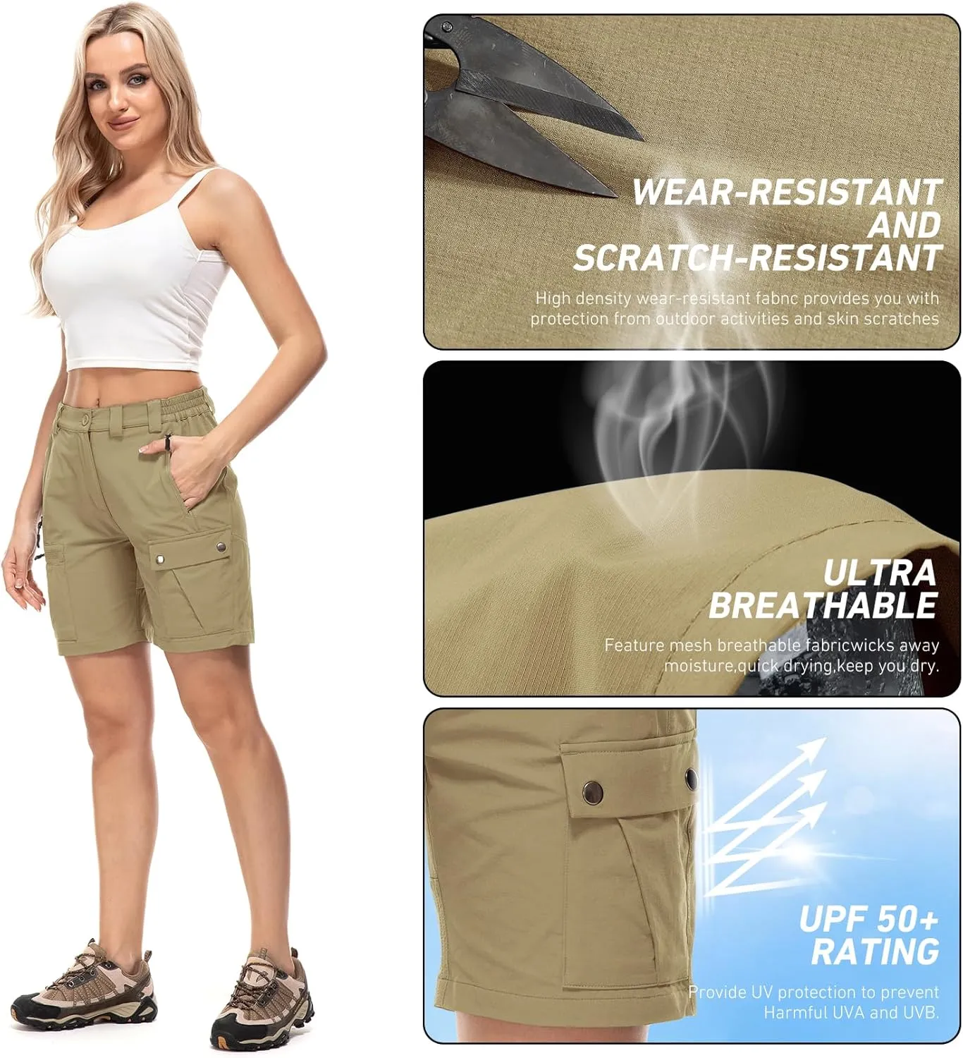 Jessie Kidden Womens Stretch Cargo Hiking Shorts Quick Dry Elastic Waist 7" Casual Shorts for Women