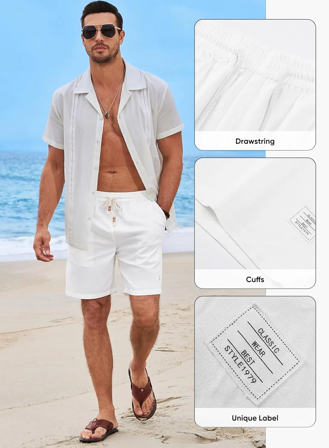 JMIERR Mens Shorts Linen Cotton 7" Casual Elastic Waist Drawstring Lightweight Summer Beach Shorts with Pockets