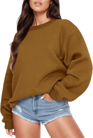 JOYO Womens Daily Streetwear Solid Color Round Neck Long Sleeve Top Loose Cotton Pullover Hoodie Oversized Sweatshirt