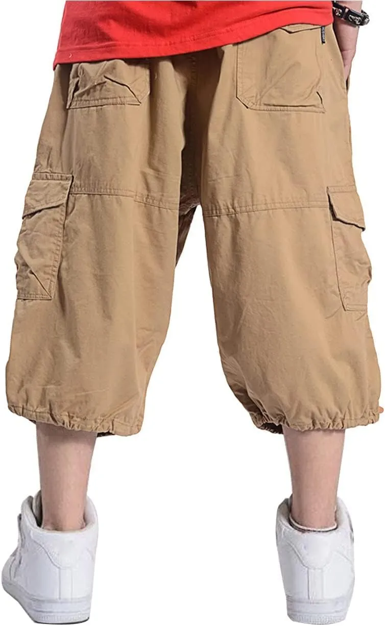 Kinghua Baggy Cargo Shorts for Men Elastic Waist Loose Fit Cotton Twill Below Knee Long Shorts