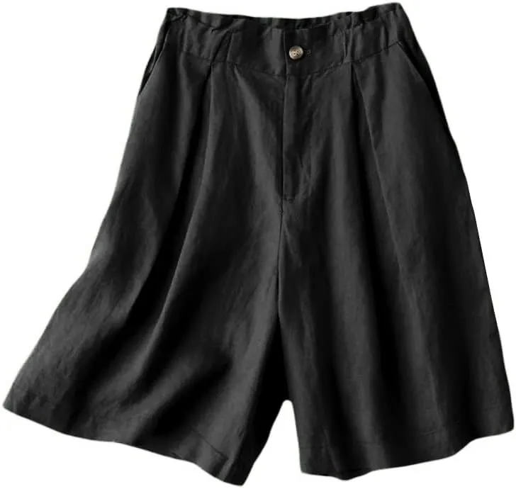 Kinghua Wide Leg Linen Shorts for Women Elastic High Waisted Pleated Casual Loose Bermuda Shorts