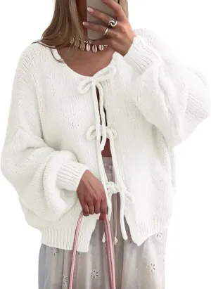 Kissonic Women's Tie Front Bow Cardigan Sweaters Y2K Bow Puff Long Sleeve Jacket 2024 Fall Trendy Tops