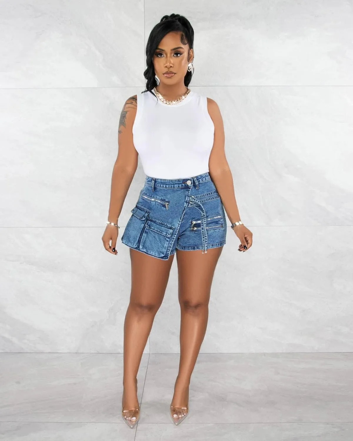 ksotutm Women's Denim Skorts Skirt Casual Zipper Stretchy Denim Shorts Novelty Skirts Summer Hot Shorts