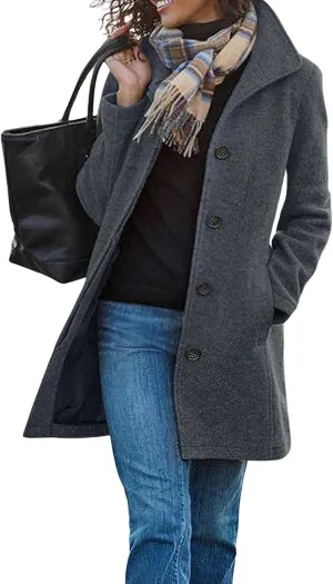 Kubbon Women's Winter Wool Blend Pea Coat Casual Single Breasted Stand Collar Trench Coat Thicken Warm Long Jacket Overcoat