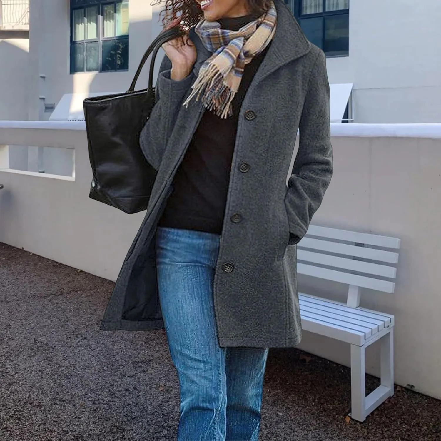 Kubbon Women's Winter Wool Blend Pea Coat Casual Single Breasted Stand Collar Trench Coat Thicken Warm Long Jacket Overcoat