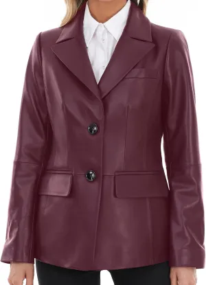 Lambskin Leather Jacket Women,Long Sleeve Button Front Leather Blazer,Notched Lapel Casual Style,Vent Detail