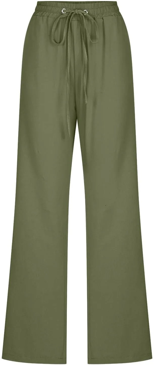 Lightweight Linen Pants for Women 2025 Summer High Waist Elastic Straight Leg Lounge Pant Casual Loose Beach Trousers