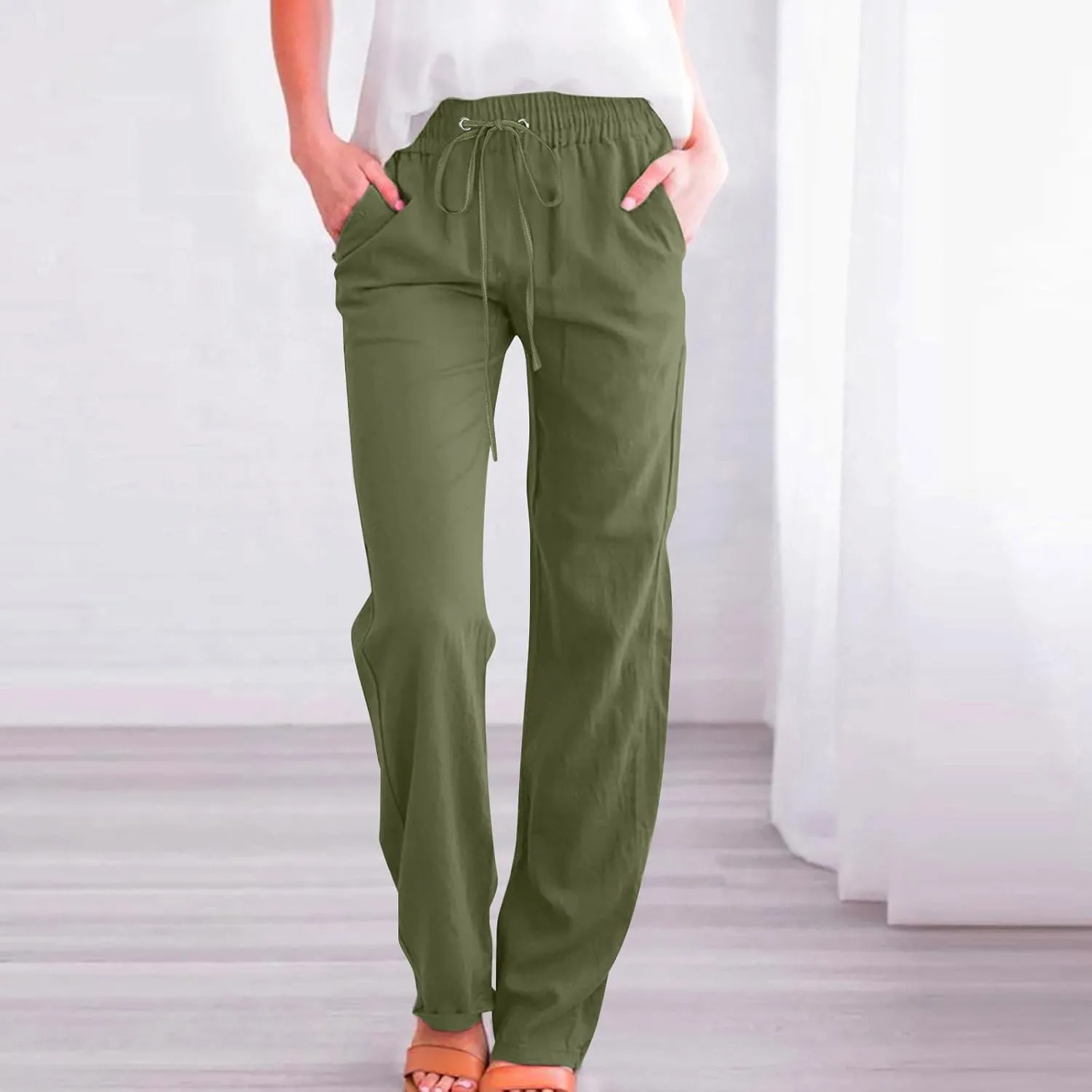 Lightweight Linen Pants for Women 2025 Summer High Waist Elastic Straight Leg Lounge Pant Casual Loose Beach Trousers