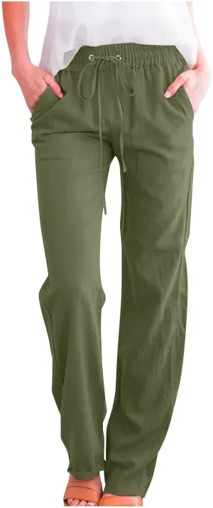 Lightweight Linen Pants for Women 2025 Summer High Waist Elastic Straight Leg Lounge Pant Casual Loose Beach Trousers