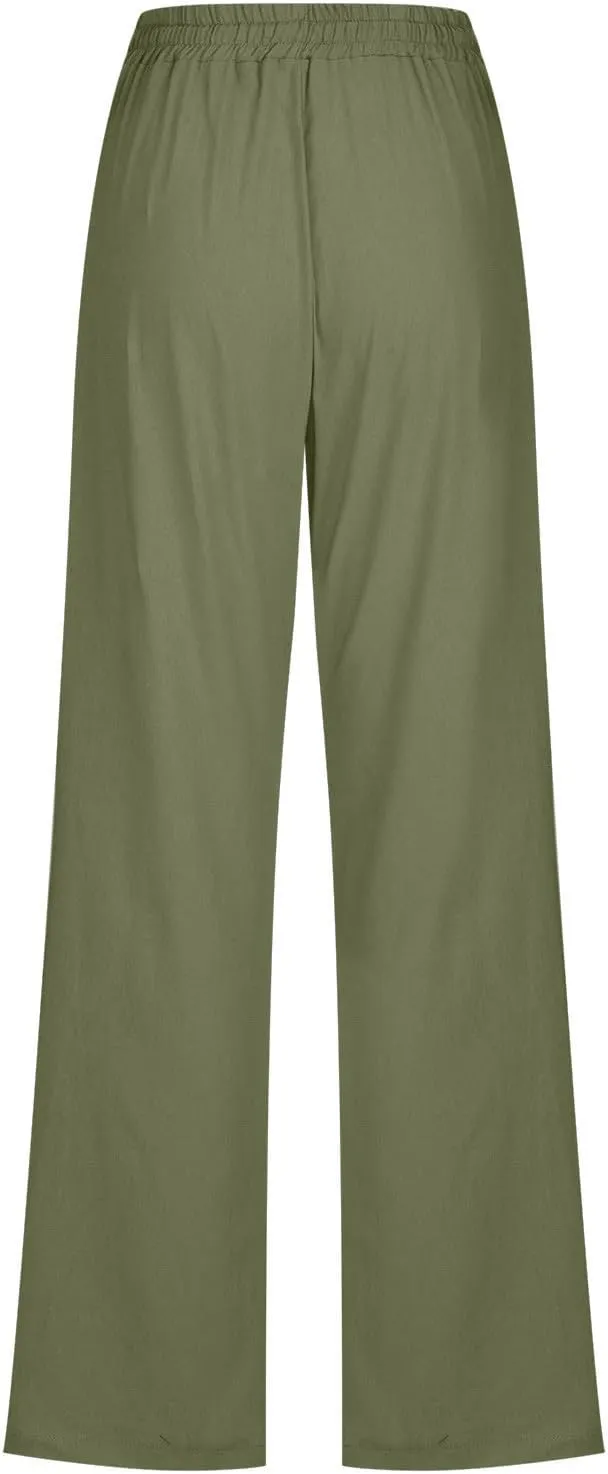 Lightweight Linen Pants for Women 2025 Summer High Waist Elastic Straight Leg Lounge Pant Casual Loose Beach Trousers