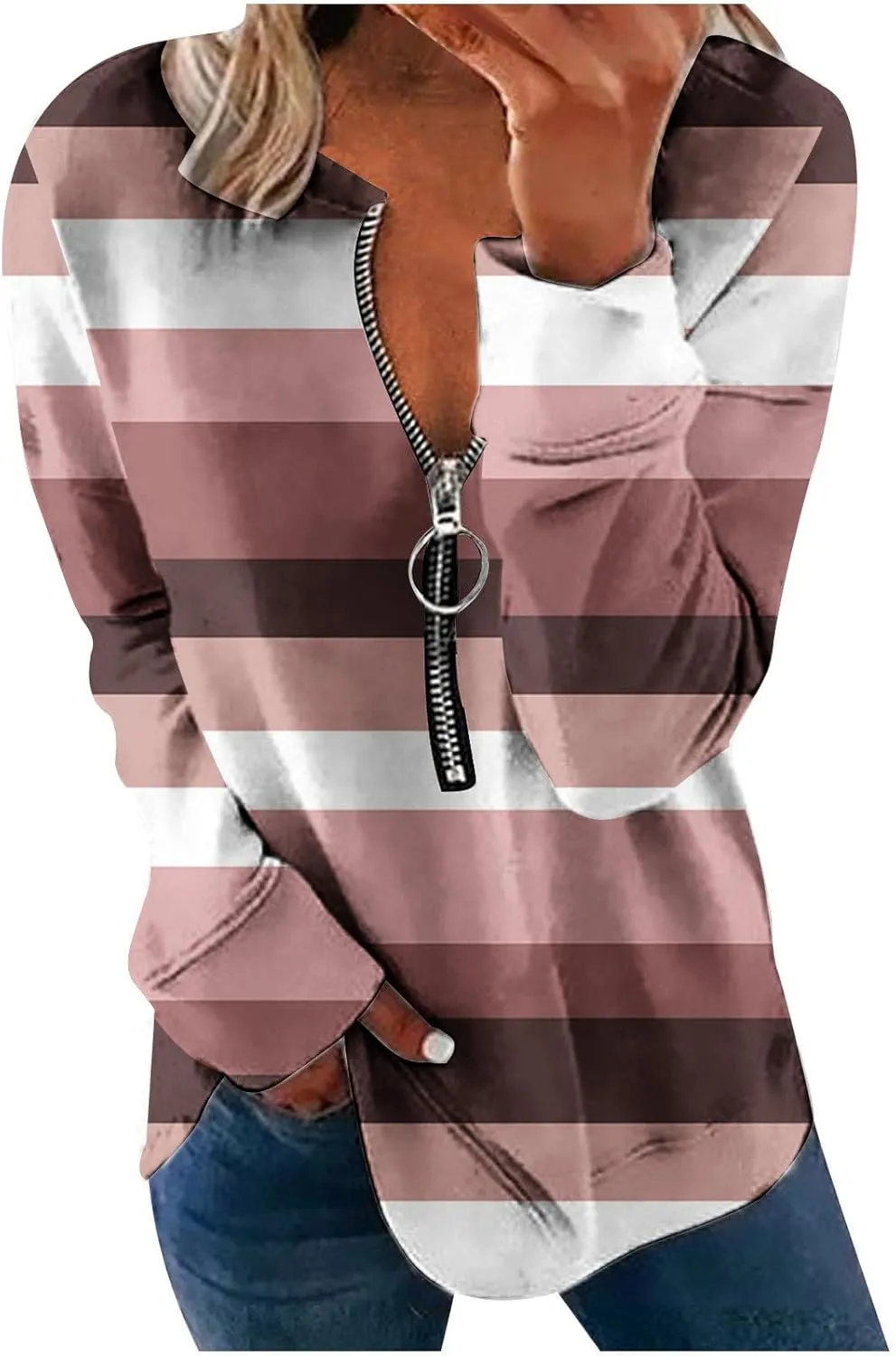 Lightweight Zip Up Hoodie For Women Trendy 2023 Fall Striped Print Tunic Tops Quarter Zip Casual Pullover Sweatshirt
