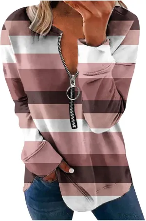 Lightweight Zip Up Hoodie For Women Trendy 2023 Fall Striped Print Tunic Tops Quarter Zip Casual Pullover Sweatshirt
