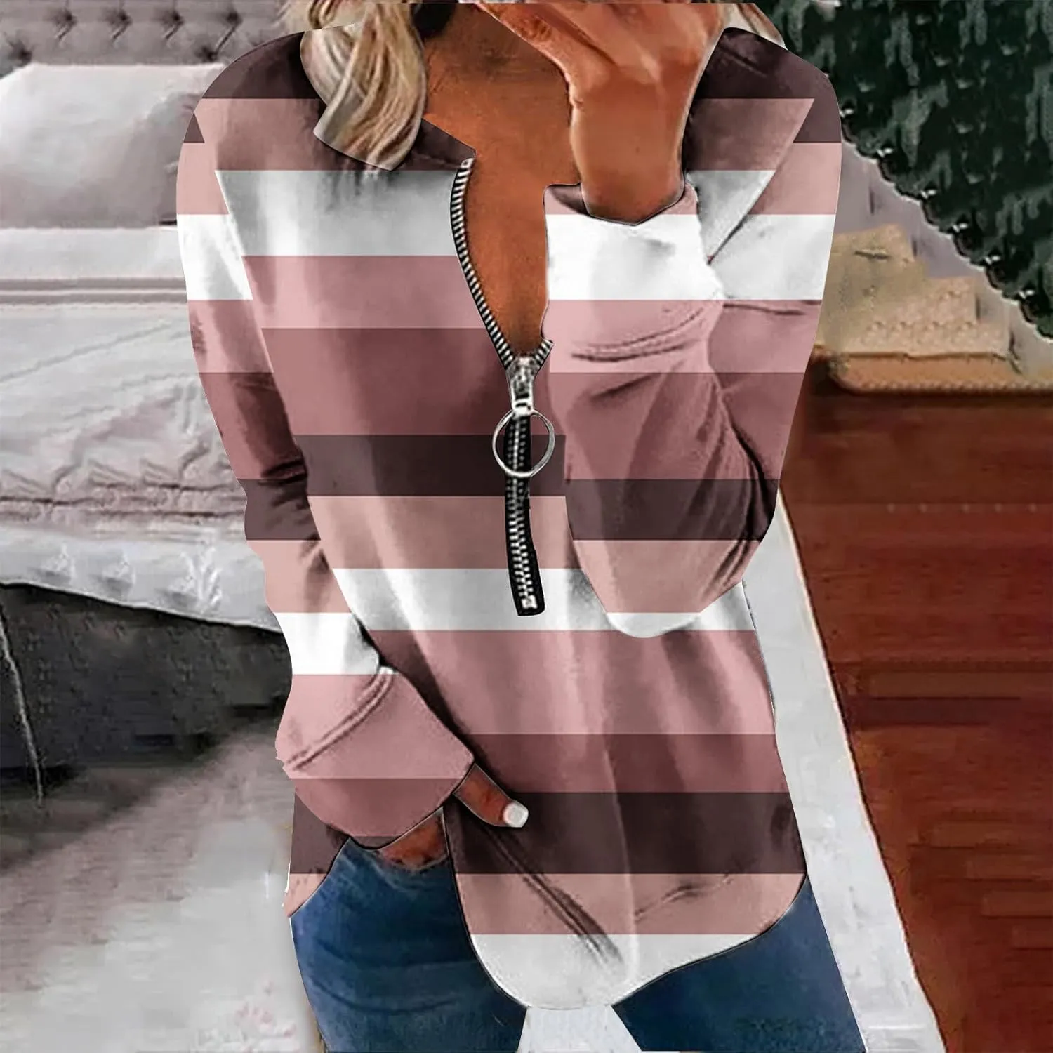 Lightweight Zip Up Hoodie For Women Trendy 2023 Fall Striped Print Tunic Tops Quarter Zip Casual Pullover Sweatshirt
