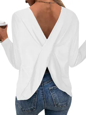 LilyCoco Women's Open Back Long Sleeve Tops Crewneck Loose Fit T Shirt