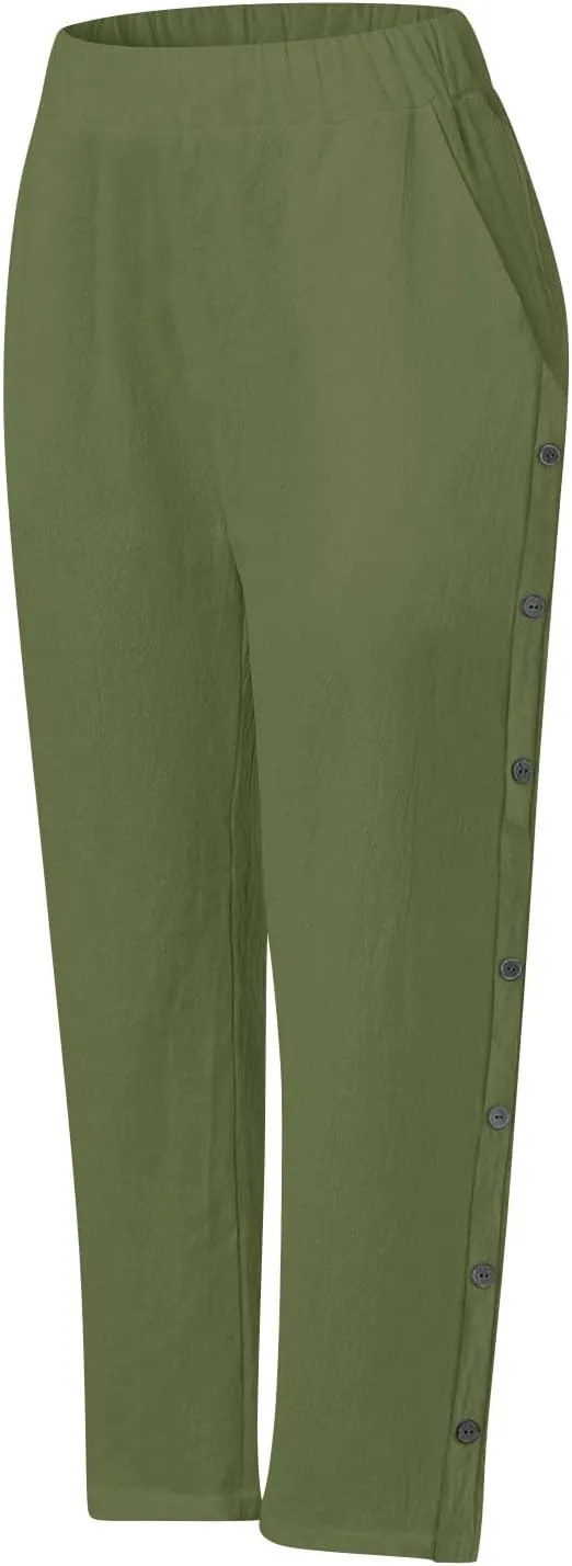 Linen Capri Pants for Women Elastic Waist Casual Palazzo Trousers Stretchy Lounge Trousers Summer Beach Travel Vacation