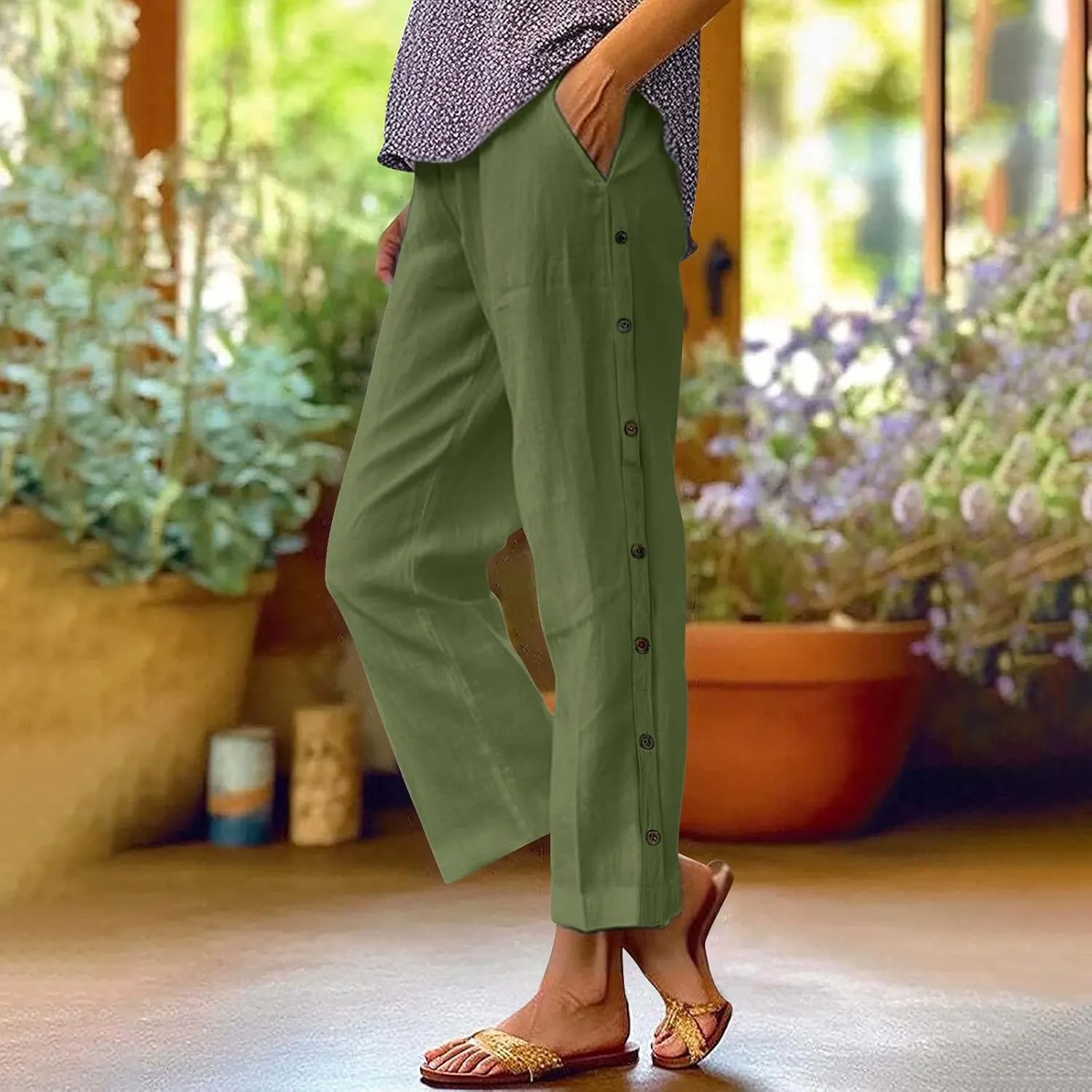 Linen Capri Pants for Women Elastic Waist Casual Palazzo Trousers Stretchy Lounge Trousers Summer Beach Travel Vacation