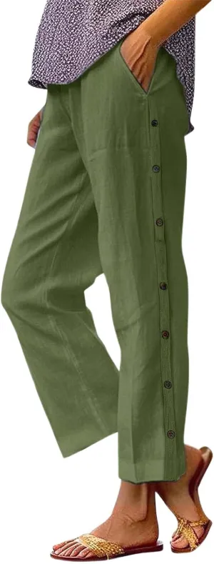 Linen Capri Pants for Women Elastic Waist Casual Palazzo Trousers Stretchy Lounge Trousers Summer Beach Travel Vacation