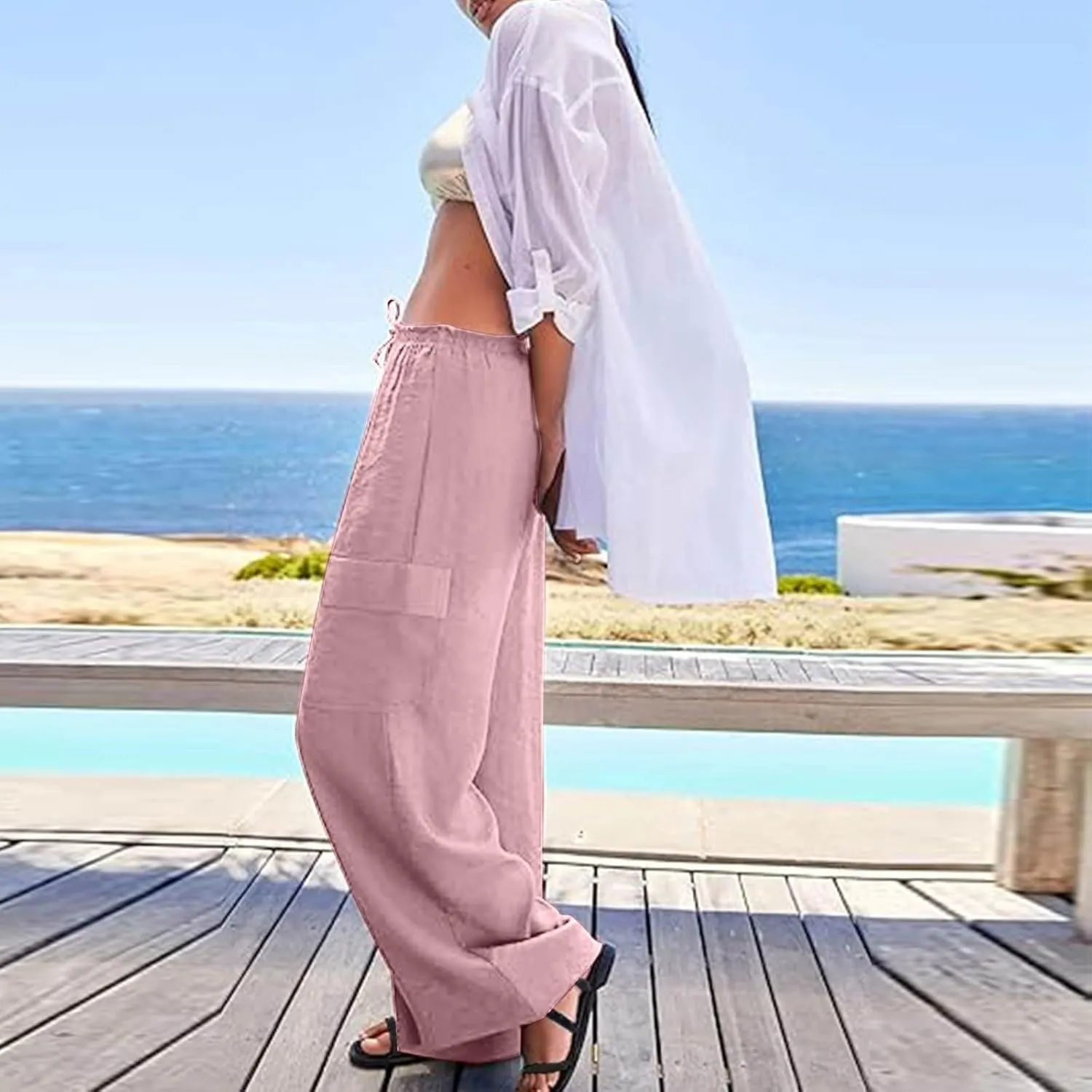Linen Cargo Pants Women Lightweight Business Casual Summer Pants Comfy Cotton Work Trousers Baggy Slacks with Pockets