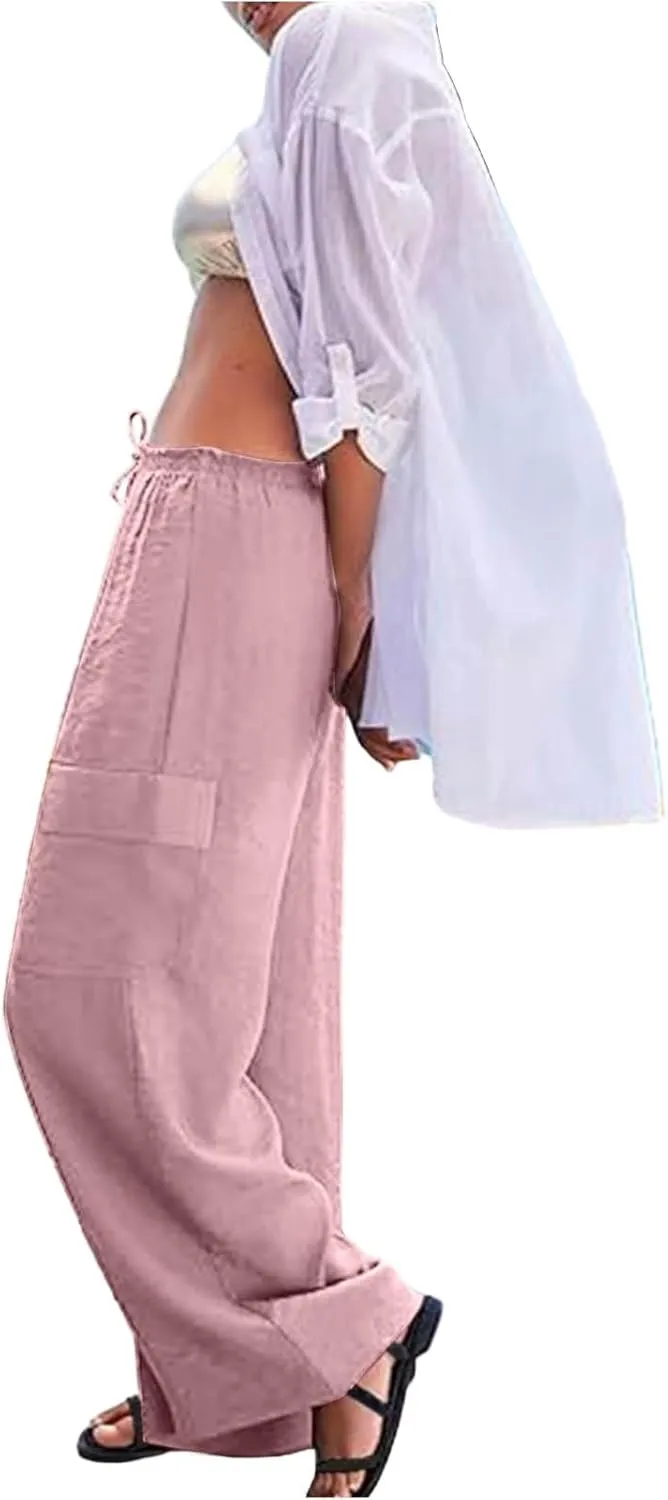 Linen Cargo Pants Women Lightweight Business Casual Summer Pants Comfy Cotton Work Trousers Baggy Slacks with Pockets