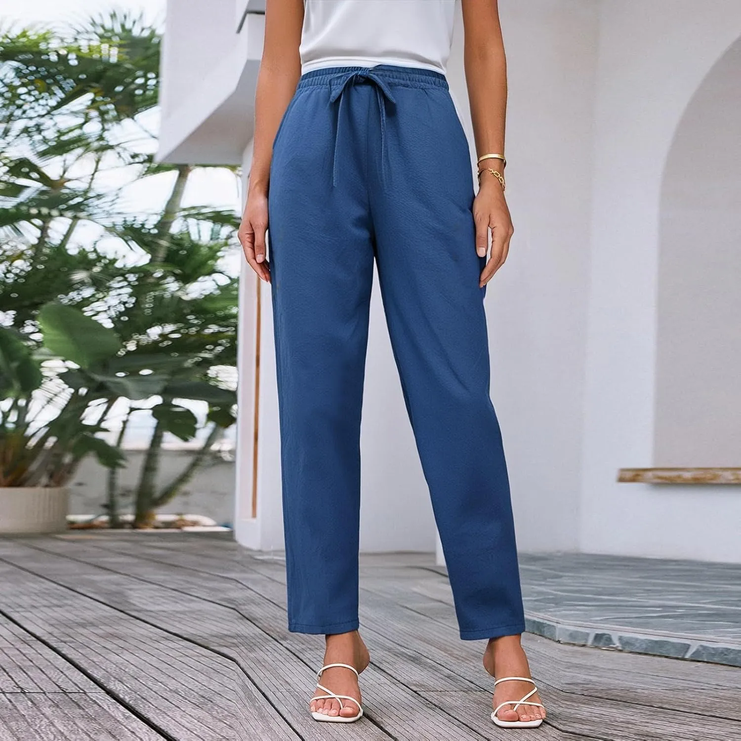 Linen Cotton Yoga Pants for Women Straight Leg Summer, Wide Leg Pants Woman Dressy Lounge High Waisted Trousers