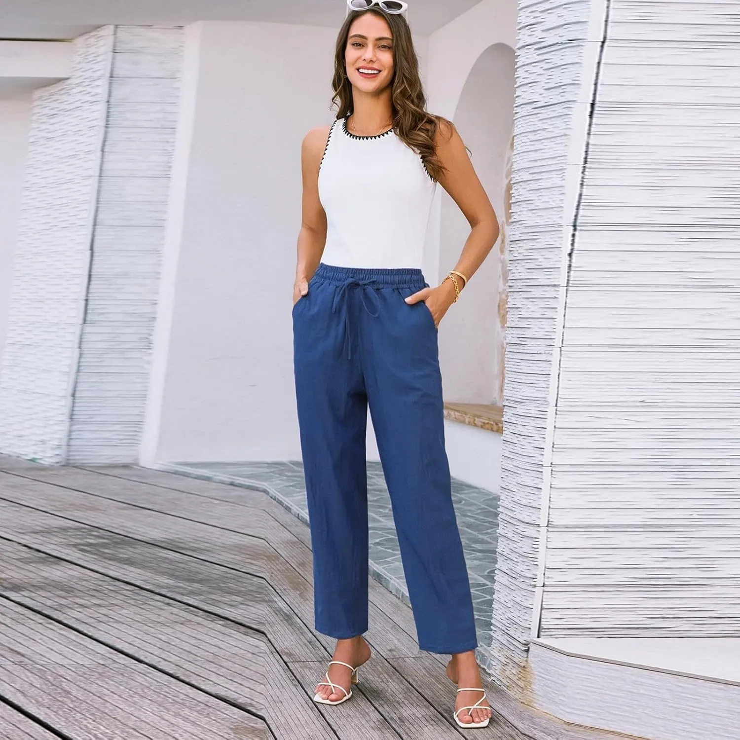 Linen Cotton Yoga Pants for Women Straight Leg Summer, Wide Leg Pants Woman Dressy Lounge High Waisted Trousers
