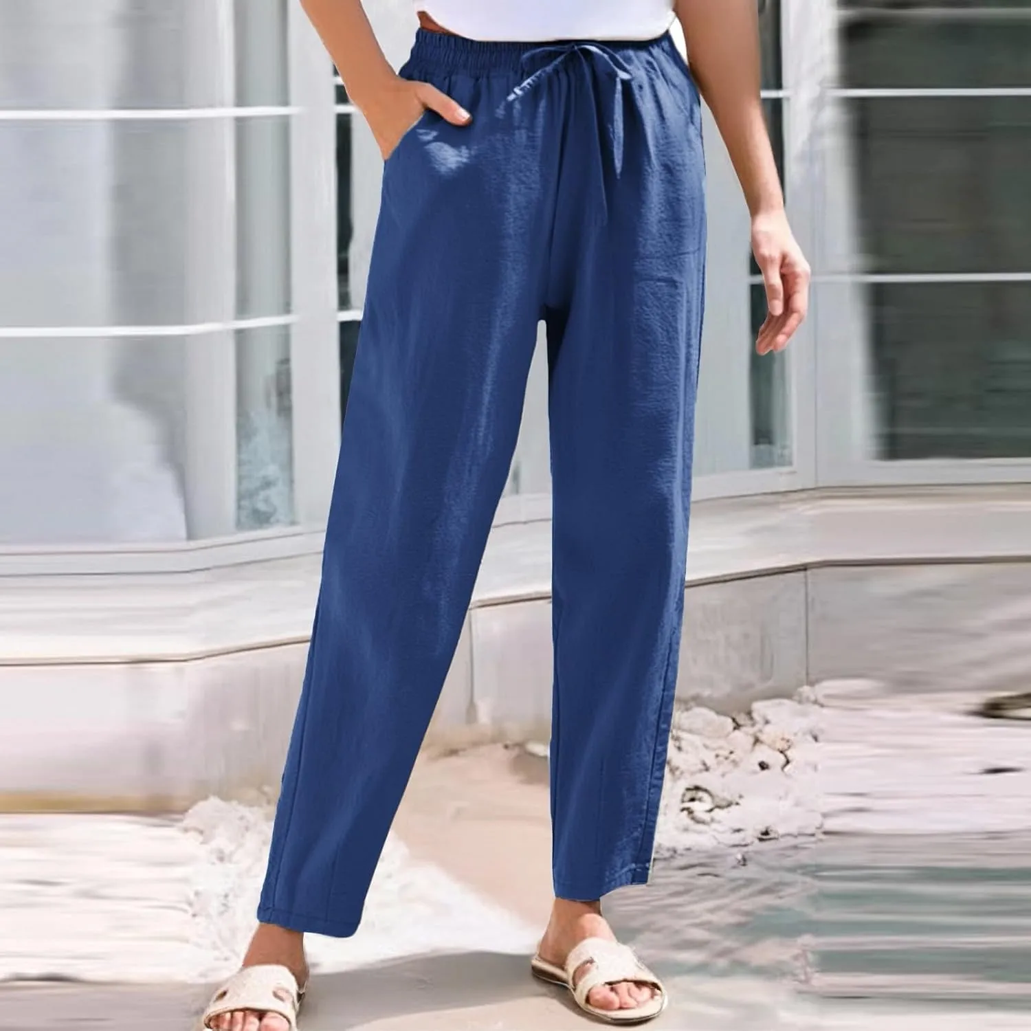 Linen Cotton Yoga Pants for Women Straight Leg Summer, Wide Leg Pants Woman Dressy Lounge High Waisted Trousers