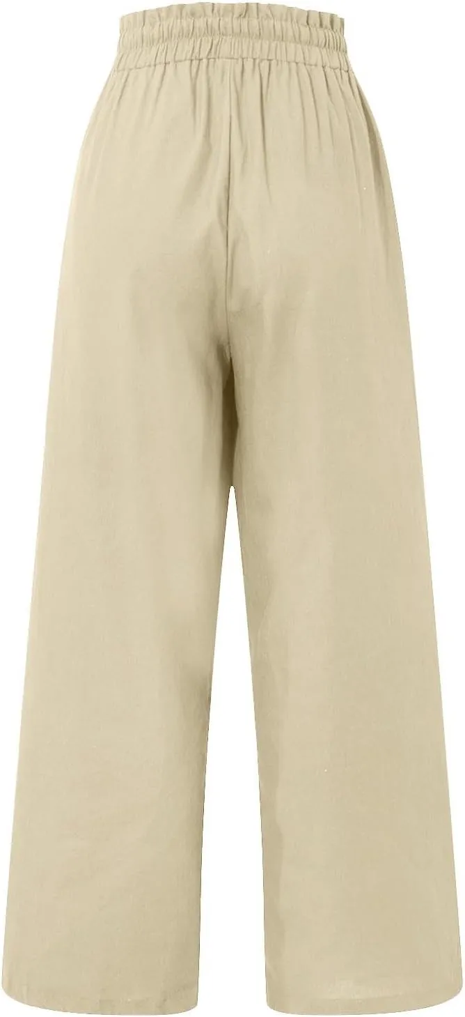 Linen Palazzo for Women Dressy Casual Elastic High Waisted Wide Leg Pants Summer Loose Comfy Work Pants with Pockets