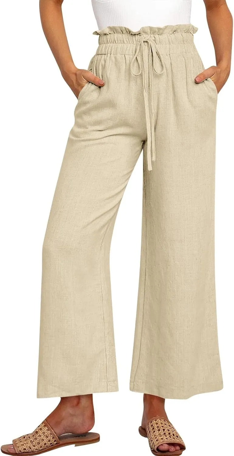 Linen Palazzo for Women Dressy Casual Elastic High Waisted Wide Leg Pants Summer Loose Comfy Work Pants with Pockets