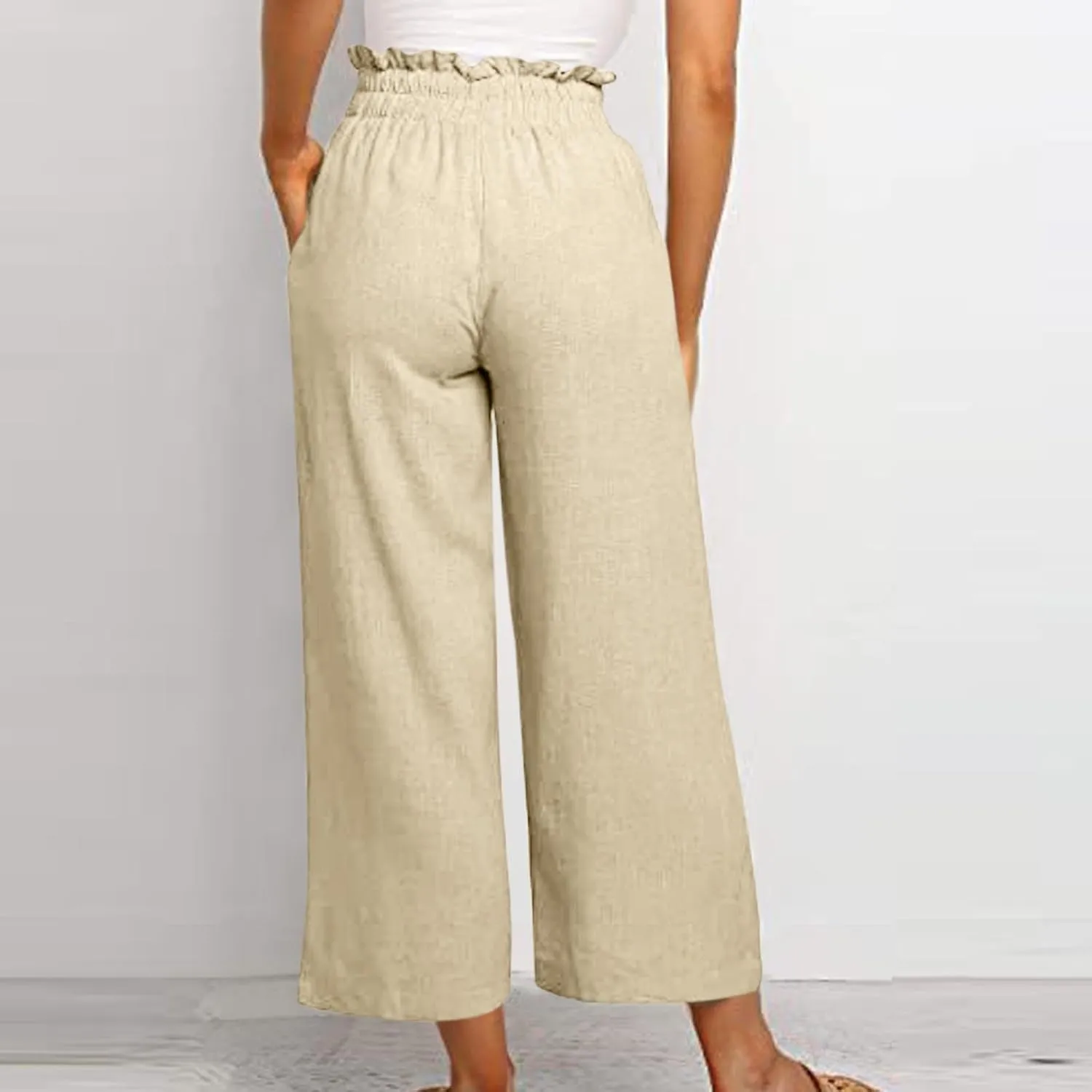 Linen Palazzo for Women Dressy Casual Elastic High Waisted Wide Leg Pants Summer Loose Comfy Work Pants with Pockets