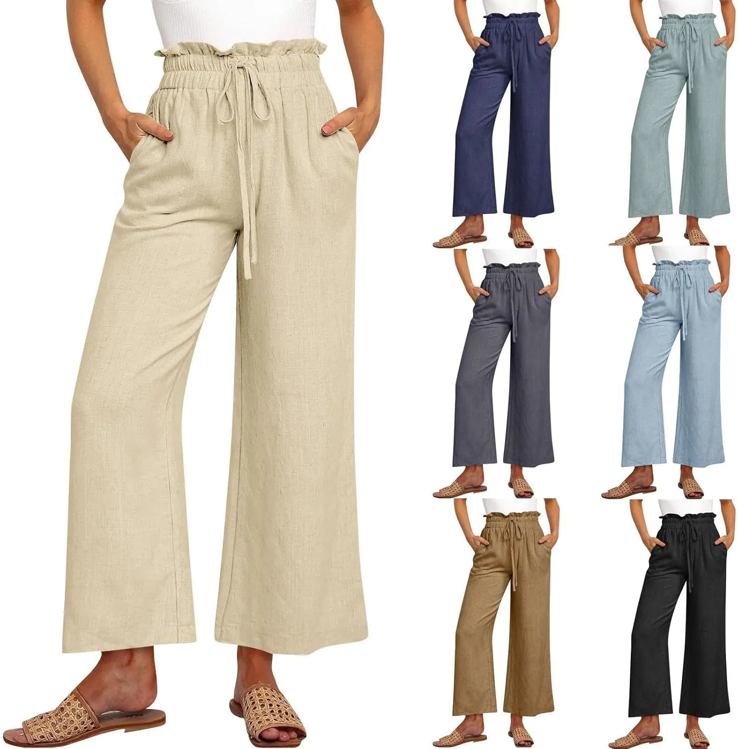 Linen Palazzo for Women Dressy Casual Elastic High Waisted Wide Leg Pants Summer Loose Comfy Work Pants with Pockets