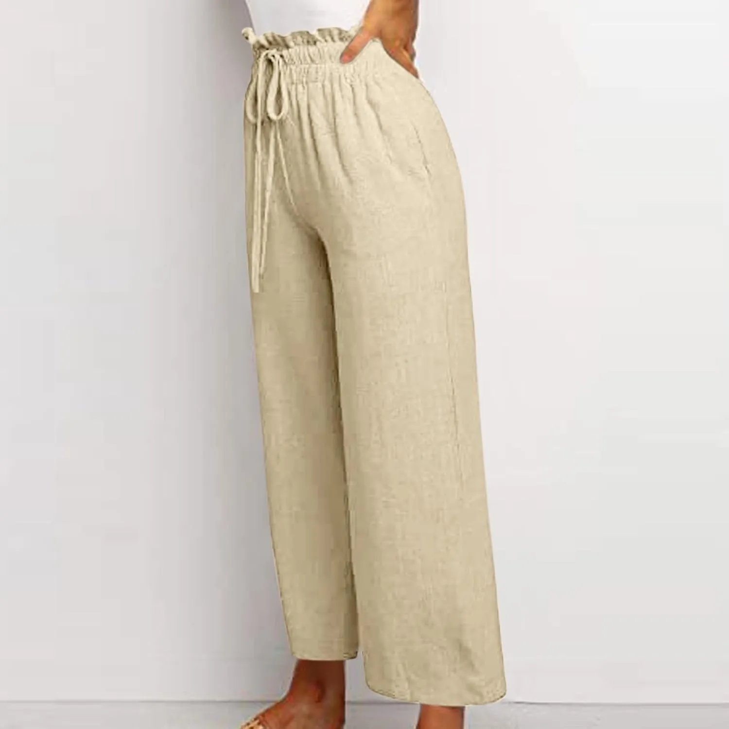 Linen Palazzo for Women Dressy Casual Elastic High Waisted Wide Leg Pants Summer Loose Comfy Work Pants with Pockets