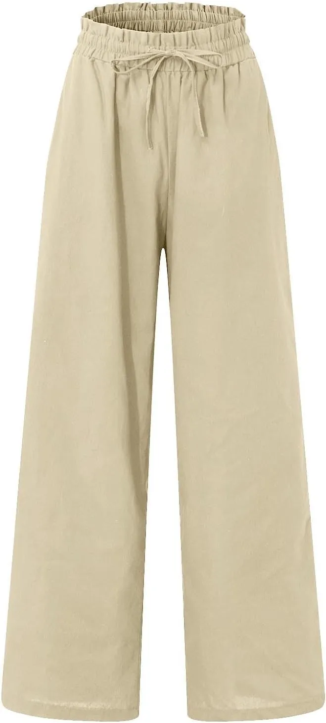 Linen Palazzo for Women Dressy Casual Elastic High Waisted Wide Leg Pants Summer Loose Comfy Work Pants with Pockets