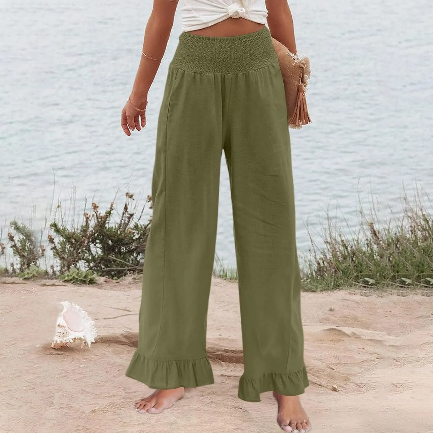 Linen Palazzo Pants for Women Casual Summer Ruffle Wide Leg Pants Elastic High Waisted Flowy Beach Pants with Pockets