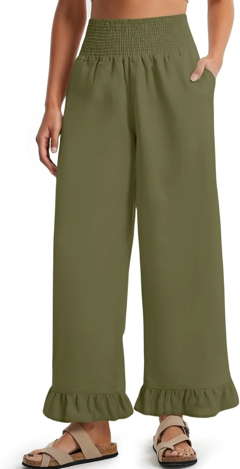 Linen Palazzo Pants for Women Casual Summer Ruffle Wide Leg Pants Elastic High Waisted Flowy Beach Pants with Pockets