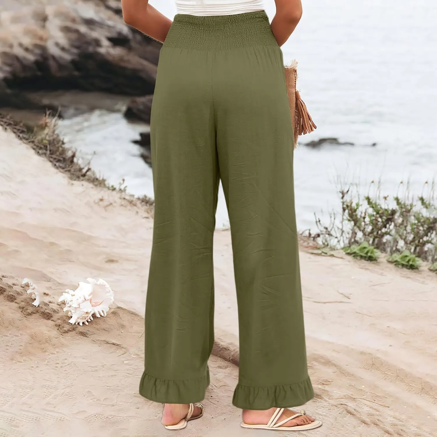 Linen Palazzo Pants for Women Casual Summer Ruffle Wide Leg Pants Elastic High Waisted Flowy Beach Pants with Pockets