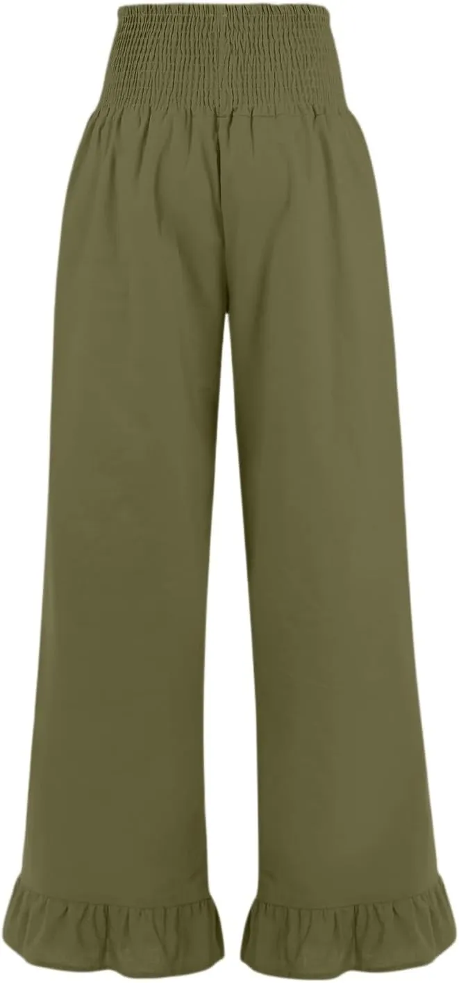 Linen Palazzo Pants for Women Casual Summer Ruffle Wide Leg Pants Elastic High Waisted Flowy Beach Pants with Pockets