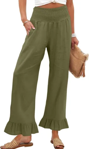 Linen Palazzo Pants for Women Casual Summer Ruffle Wide Leg Pants Elastic High Waisted Flowy Beach Pants with Pockets