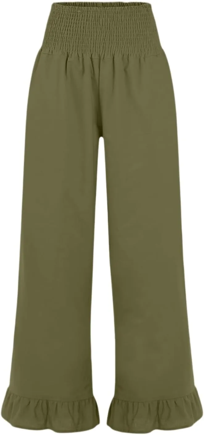 Linen Palazzo Pants for Women Casual Summer Ruffle Wide Leg Pants Elastic High Waisted Flowy Beach Pants with Pockets