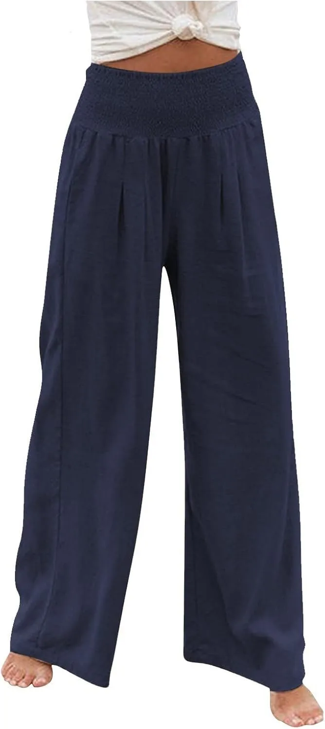 Linen Palazzo Pants Women 2025 Wide Leg Long Lounge Pant Summer High Waisted Loose Cotton Trousers with Pockets