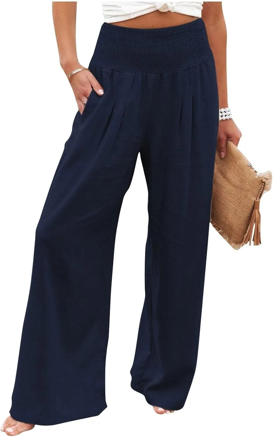 Linen Palazzo Pants Women 2025 Wide Leg Long Lounge Pant Summer High Waisted Loose Cotton Trousers with Pockets