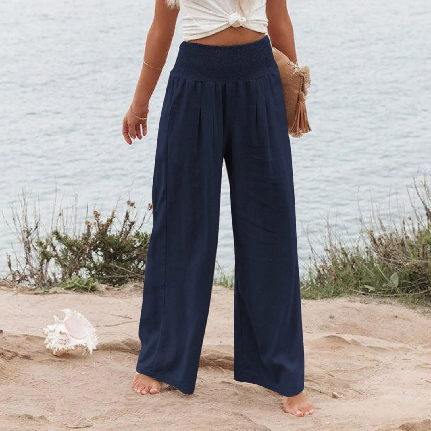 Linen Palazzo Pants Women 2025 Wide Leg Long Lounge Pant Summer High Waisted Loose Cotton Trousers with Pockets