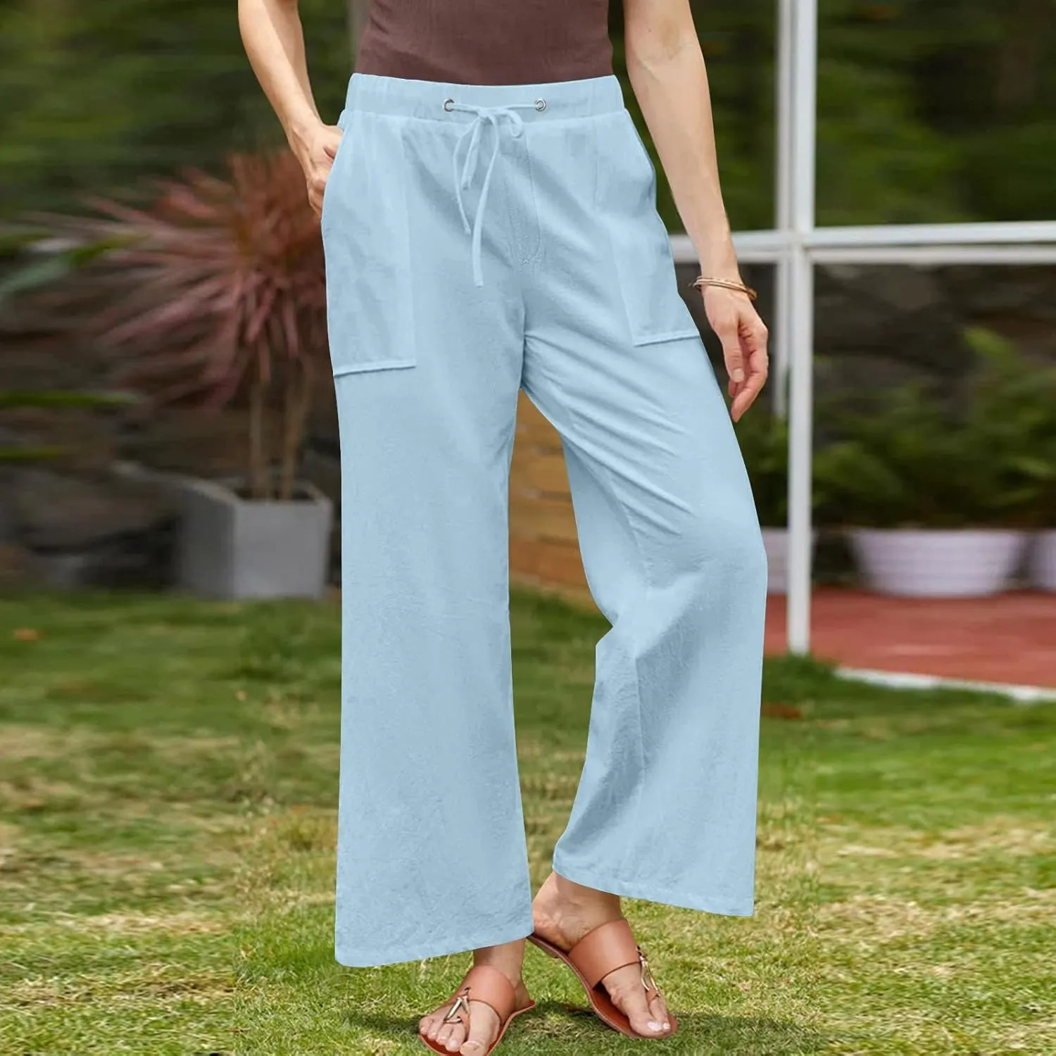 Linen Pants for Women 2025 High Waist Drawstring Wide Leg Trousers Summer Casual Flowy Beach Palazzo with Pockets