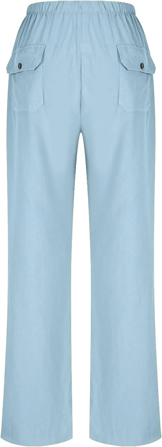 Linen Pants for Women 2025 High Waist Drawstring Wide Leg Trousers Summer Casual Flowy Beach Palazzo with Pockets