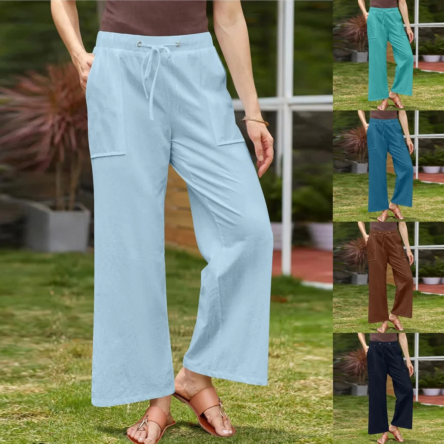 Linen Pants for Women 2025 High Waist Drawstring Wide Leg Trousers Summer Casual Flowy Beach Palazzo with Pockets