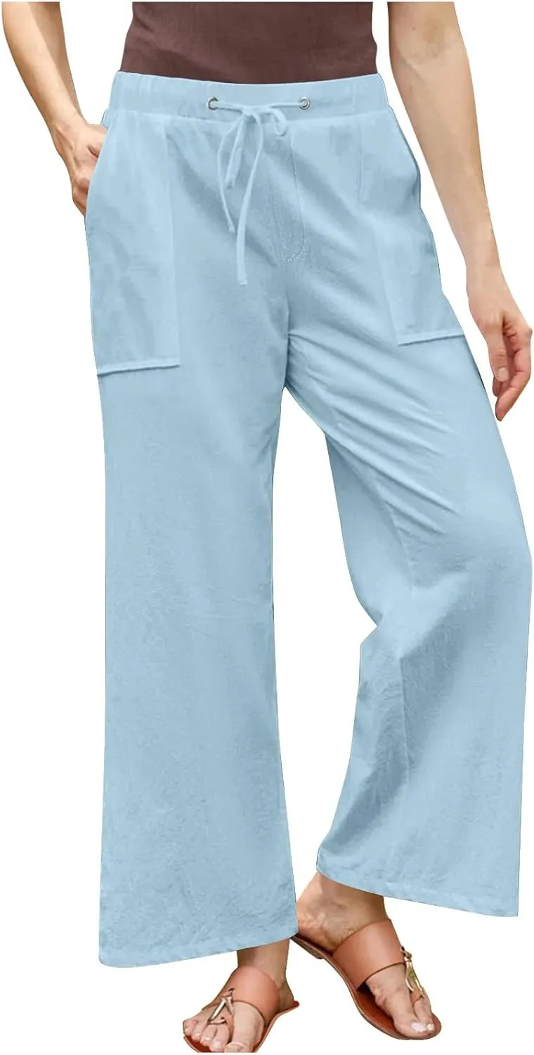 Linen Pants for Women 2025 High Waist Drawstring Wide Leg Trousers Summer Casual Flowy Beach Palazzo with Pockets